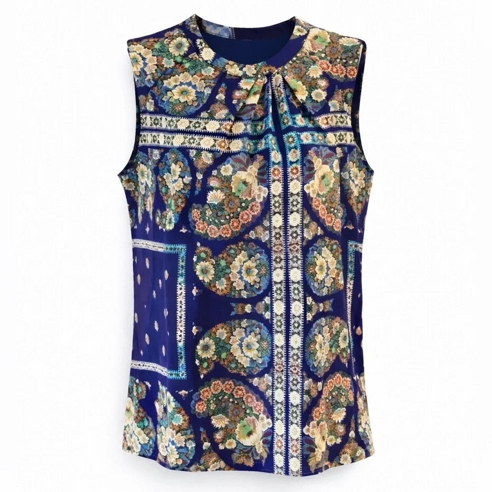 Nanette Lepore Silk Boho Floral Sleeveless Blouse Jewel Tone Print Size 4